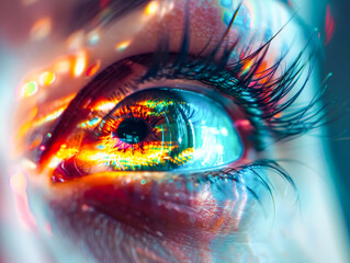 A woman's eye is shown in a colorful, abstract style