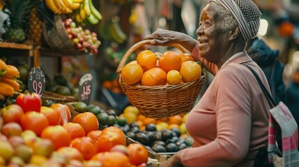 An older woman examines fresh fruit at a market stall filled with organic oranges and apples