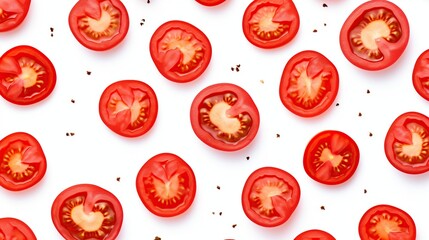 Sliced fresh red tomatoes seamless pattern isolated on white background.
