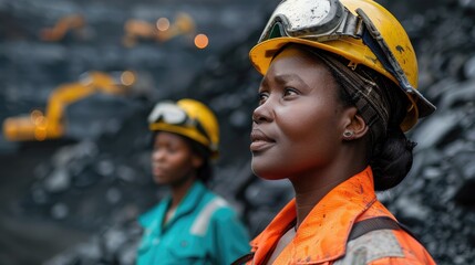 Fototapeta premium A young African woman wearing a hard hat looks thoughtfully into the distance.