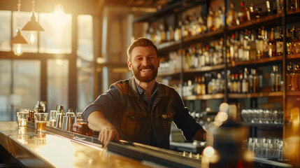 Smiling young male bartender in apron - Powered by Adobe