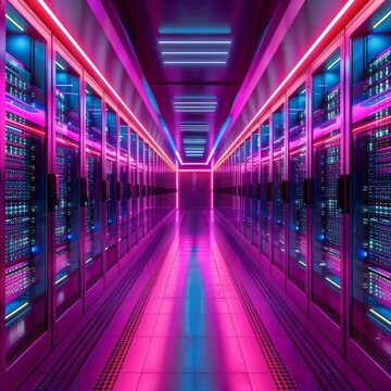 Futuristic Data Center Neon Lights Illuminating Rows of High Speed Servers Tech Industry