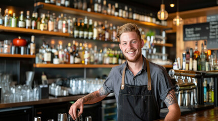 Smiling young male bartender in apron