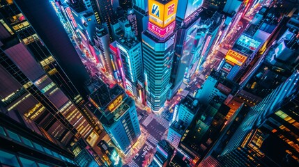 A wide-angle aerial view of a futuristic city skyline at night, illuminated by vibrant neon lights...