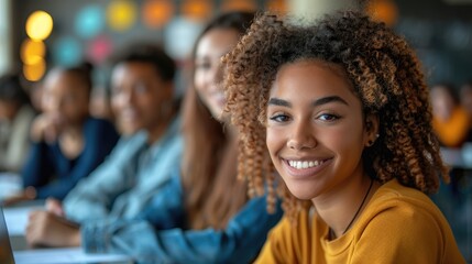 Obraz premium An attractive young woman with curly hair smiles at the camera.