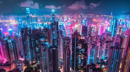 A wide-angle view of a large city filled with numerous tall buildings, all illuminated by vibrant neon lights creating a futuristic skyline
