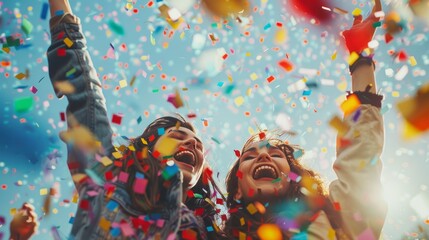 Two women joyfully throw colorful confetti and streamers in the air, celebrating amidst a lively New Years party - obrazy, fototapety, plakaty