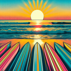 Surf boards on  a beach at sunset/sunrise,waves lapping red sky- summer,bright sun, in a pop art style