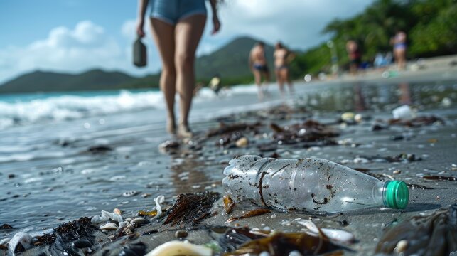 An image of a plastic bottle on the beach with a blurred woman walking in the background.
