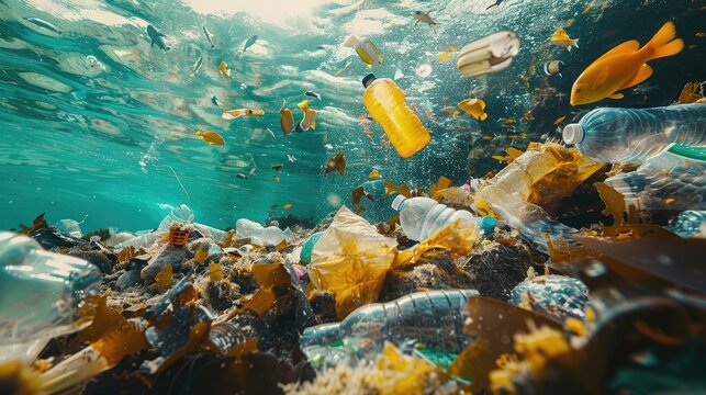 An image of a school of fish swimming in a polluted ocean. The water is murky and filled with plastic bottles and other trash.