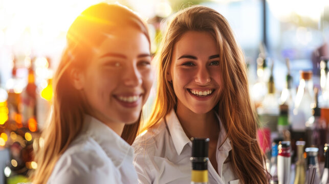 Two female bartenders in tropical seaside bar