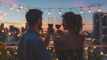 Obraz na płótnie Canvas A man and a woman celebrating at a rooftop party, clinking their wine glasses together in a joyful toast