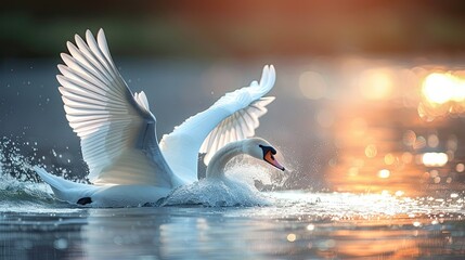 Capture the ethereal beauty of a White and Black Swan gracefully gliding through shallow waters in...