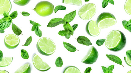 Seamless flat lay background with limes and mint on white background