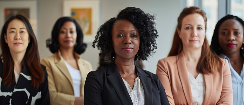 A group of six professional women of various ethnicities are posing in a line, all wearing business suits.