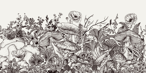 Seamless vector horizontal pattern of mushroom forest in engraving style. Fly agaric, porcini mushroom, chanterelles, honey mushrooms, forest plants, flowers - obrazy, fototapety, plakaty