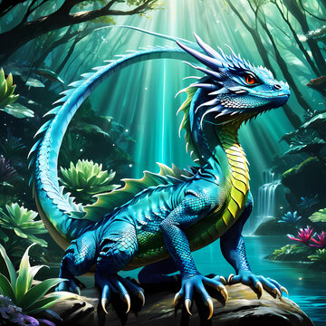 image of water dragon with natural and river scenery,Generative AI