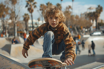 A young boy skateboarding in an urban skatepark, his flips and tricks showcasing his skill and bravery