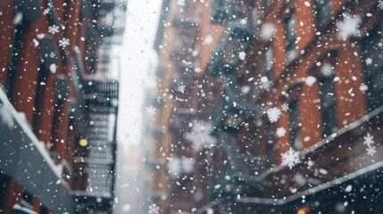 Snowflakes gently falling over the bustling streets and iconic buildings of New York City on a snowy day - Powered by Adobe