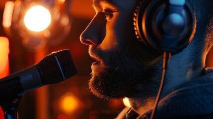A man wearing headphones sings into a microphone in a commercial studio during a podcast recording session