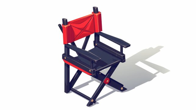 A black and red wooden 3D seat for producer or actor on a white background. Movie or film director chair with shadow, cartoon modern illustration.