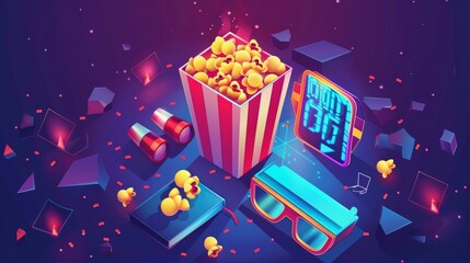 Modern illustration of cinema icons. Popcorn bucket, glasses, and clapper isolated on a UV background.