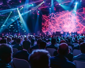 An international cryptocurrency conference with global leaders discussing the future of blockchain technology