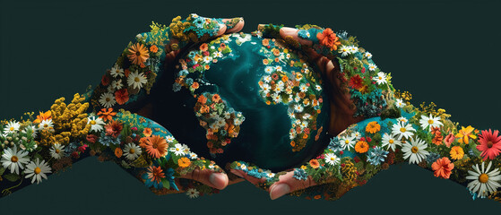 A photo of hands holding the Earth with flowers growing on the hands and the Earth.