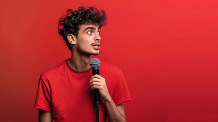 Fototapeta premium Young man introducing himself with a microphone on isolated wallpaper