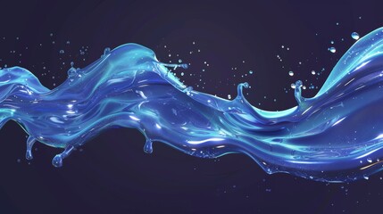 Realistic modern illustration of a water splash and flowing water stream. Blue transparent liquid flow with air bubbles, clear texture.