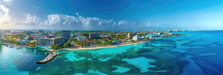 Aerial View of Islands: Panoramic Landscape of Urban Skyline, Skyscrapers and Beaches with Blue Water and Stunning Architecture