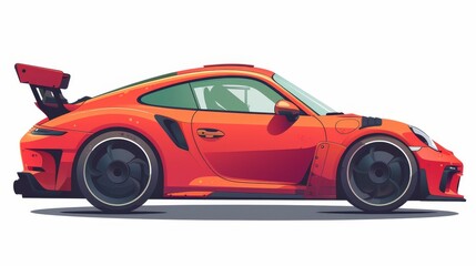 Modern illustration of a sports car with a red spoiler on a white background. Racing car with an aerodynamic design and wheel drive coupe engine. Painting of a sports car with a red spoiler isolated - obrazy, fototapety, plakaty