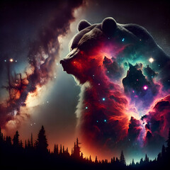 Bear silhouette over colourful nebulas and starry night sky. Concept of a totem animal, powerful Universe, ancient believes and mythology. Amazing digital illustration. CG Artwork Background - obrazy, fototapety, plakaty