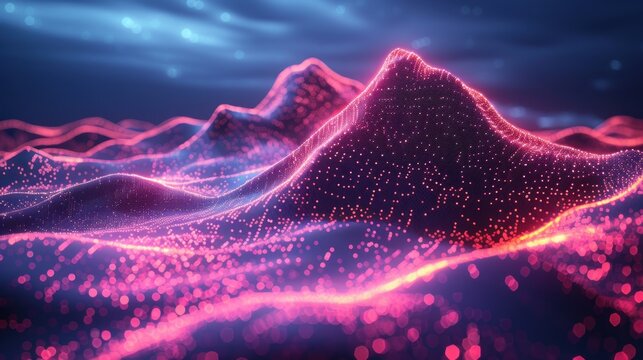 Big Data. Abstract digital mountains range landscape with glowing light dots.