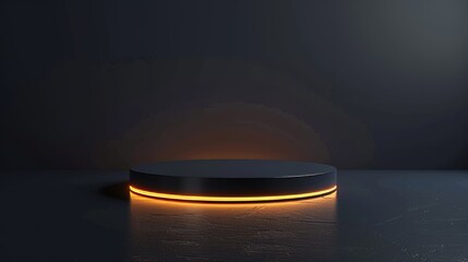 This modern mockup shows an empty round stand for displaying awards or winners, a presentation platform in a dark showroom with an illuminated metal pedestal. - obrazy, fototapety, plakaty