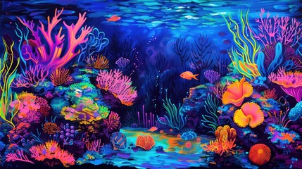 Fototapeta na wymiar An underwater scene, showing a coral reef with many different types of fish. The reef is full of color, with bright pink, orange, and yellow corals.