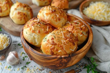 Obraz na płótnie Canvas Baked Garlic Bread Rolls in a Wooden Bowl for a Tasty Bakery Treat on Your Kitchen Table
