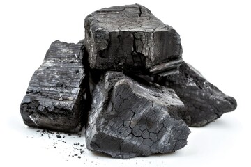 BBQ Charcoal Briquettes Isolated on White Background for Fueling Your Barbeque. Full Depth of Field Portraying Black and Dark Charcoal Bunch