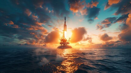 Illustration of a futuristic rocket launch from an oceanic rig blazing into the dusk sky symbolizing innovation - obrazy, fototapety, plakaty
