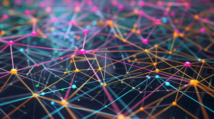 Futuristic network visualization, with digital communication points linked by a colorful plexus on a technological background. - obrazy, fototapety, plakaty