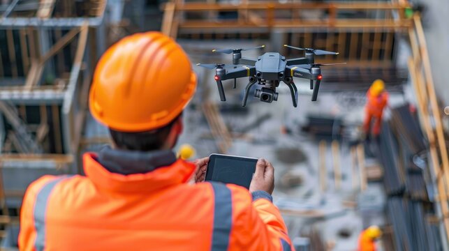 Construction worker flying a drone to inspect a building under construction