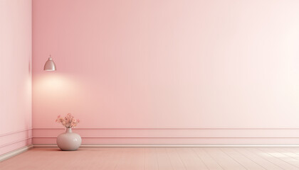 Blush pink room interior with a white vase of flowers by the wall and a lamp above