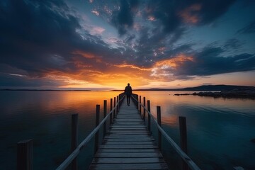 Obraz premium Epic Sunset Photo of Person Walking on Dock