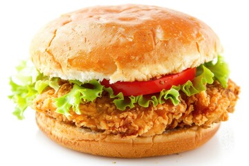 Breaded Chicken Patty Sandwich with Fresh Lettuce and Juicy Tomatoes on a Soft Bun - Hot and Delicious Fast Food