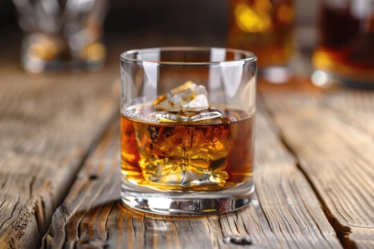 Bourbon On The Rocks: Rustic Closeup of Single Glass of Whiskey with Ice Cube for Spirit Lovers