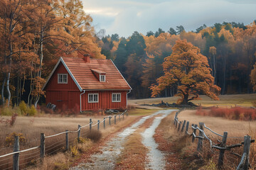 Rotes Holzhaus an einer unbefestigten Zufahrt mit Wiesen und Wald im Herbst.
