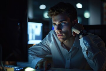 Cant Focus: Stressed Young Businessman Working on Computer in Busy Office at Night