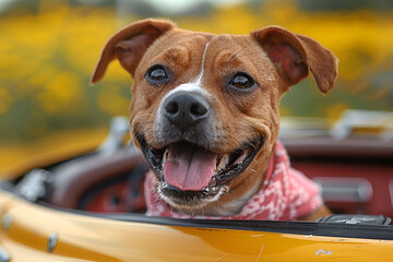 Happy dog at the cabriolet car,
Cute Welsh Corgi dog with blue sky background
