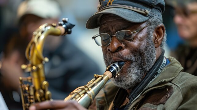 Portrait of an elderly African American man playing the saxophone