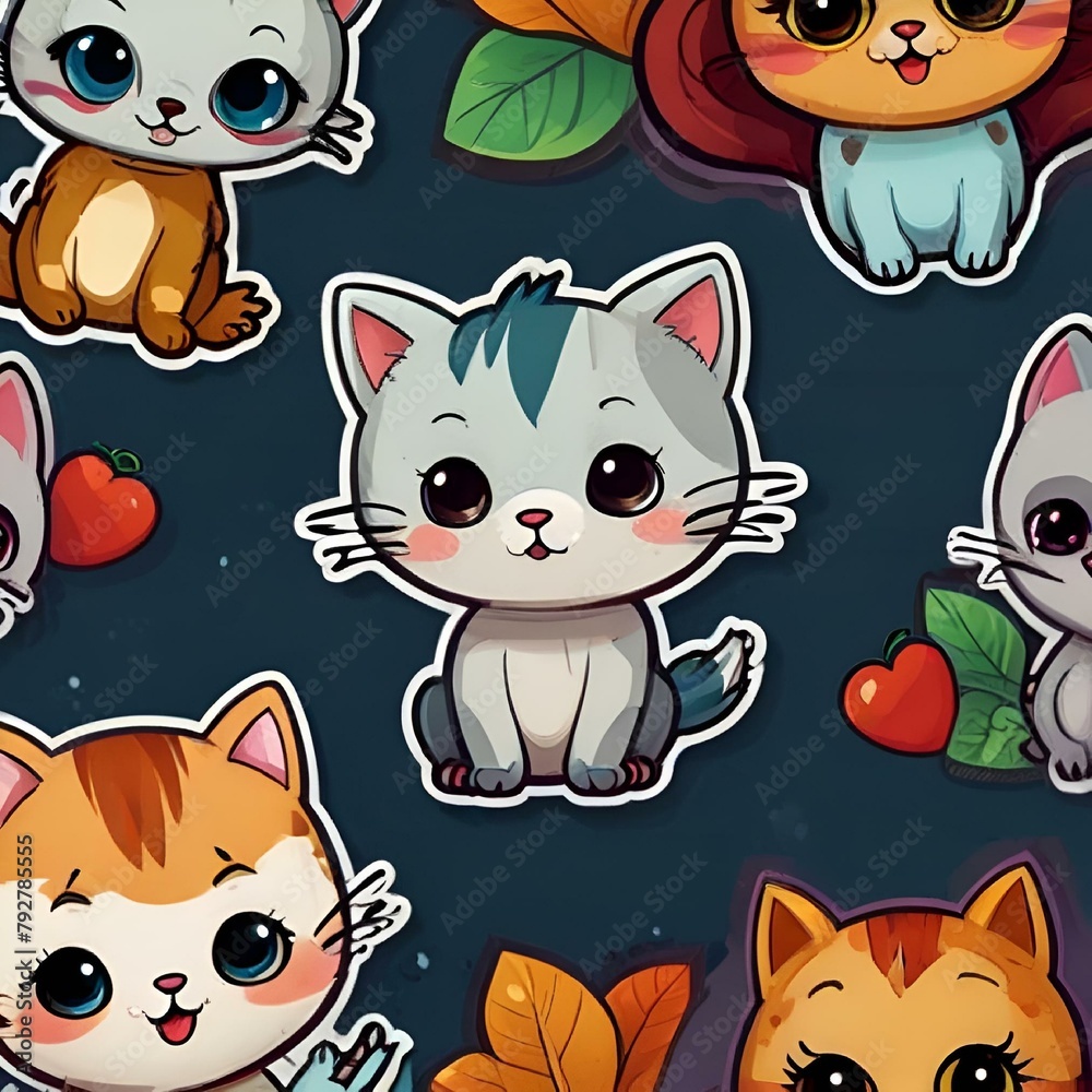 Canvas Prints AI illustration of an assorted adorable cat illustrations on a background